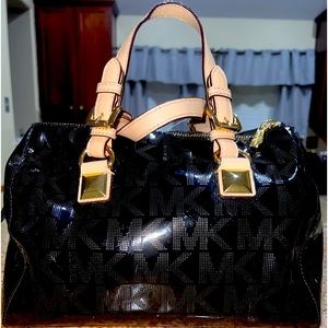 Michael Kors Signature Patent Leather & Leather Satchel Handbag.
